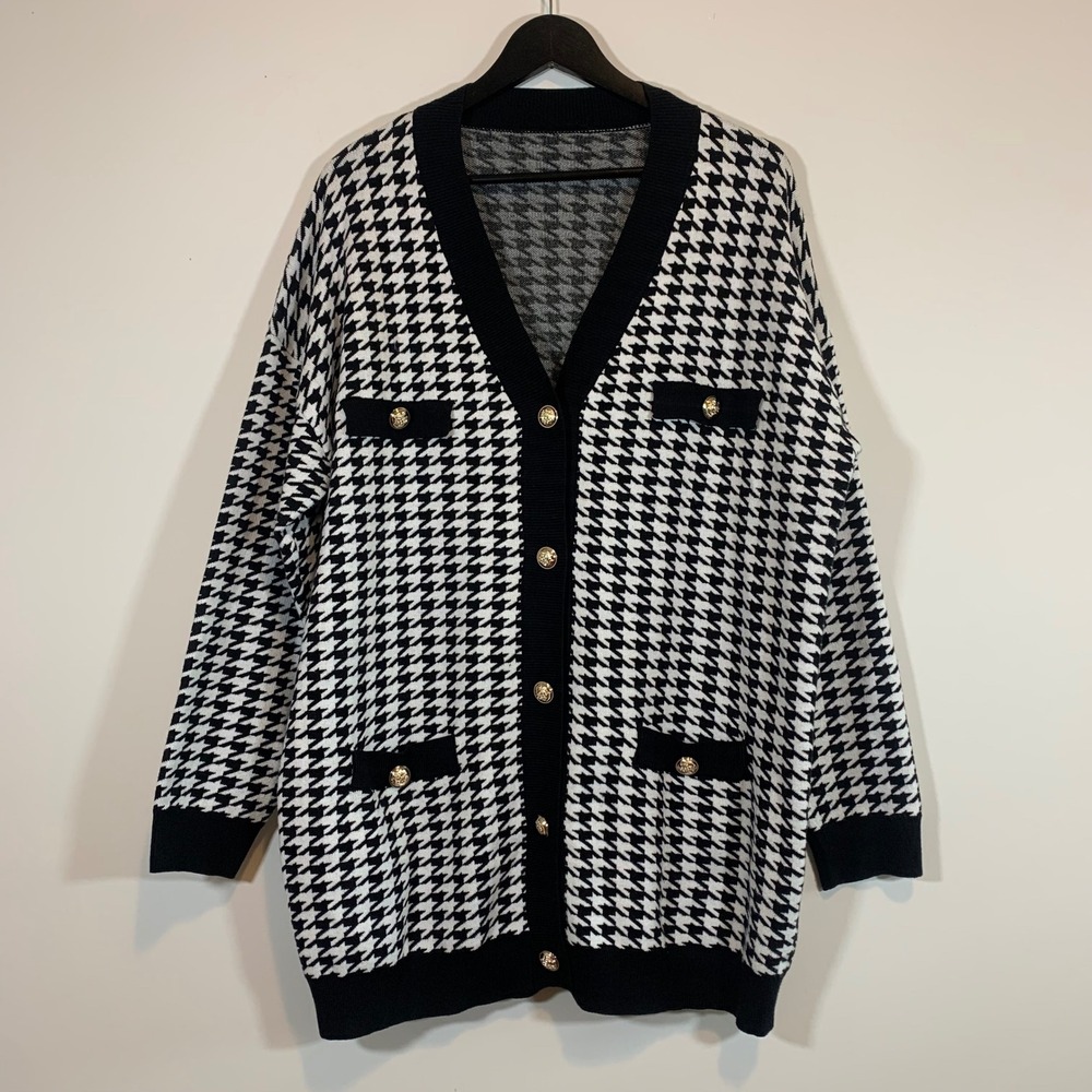 Women's Houndstooth Cardigan Sweater 2XL Black White Gold Button Pockets Preppy
